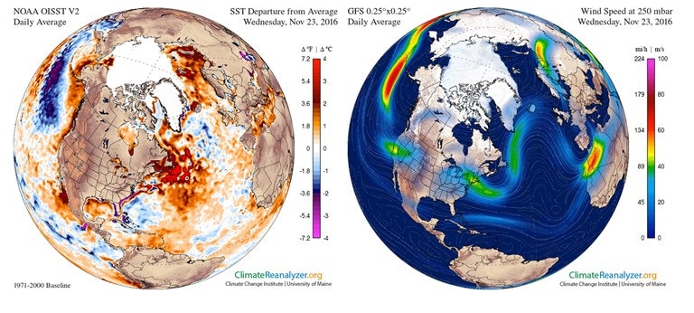 Water temperature anomaly in the Arctic on November 23rd (left). A wavier jet stream pattern on November 23rd brings warmer air into the Arctic. (Climate Change Institute/University of Maine)