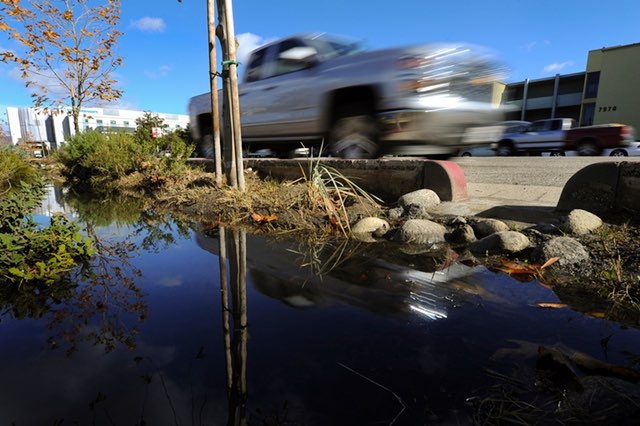 Cars drive on Woodman Avenue in Panorama City, Calif., Thursday, Jan. 7, 2016, beside a culvert where rainwater runoff is directed to bioswale on the side of the street. Cities in California are getting more support to use stormwater as a resource.Michael Owen Baker, AP