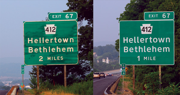 Highway Gothic (left) compared to the new alternative typeface, Clearview. Source: Terminal Design, Inc.