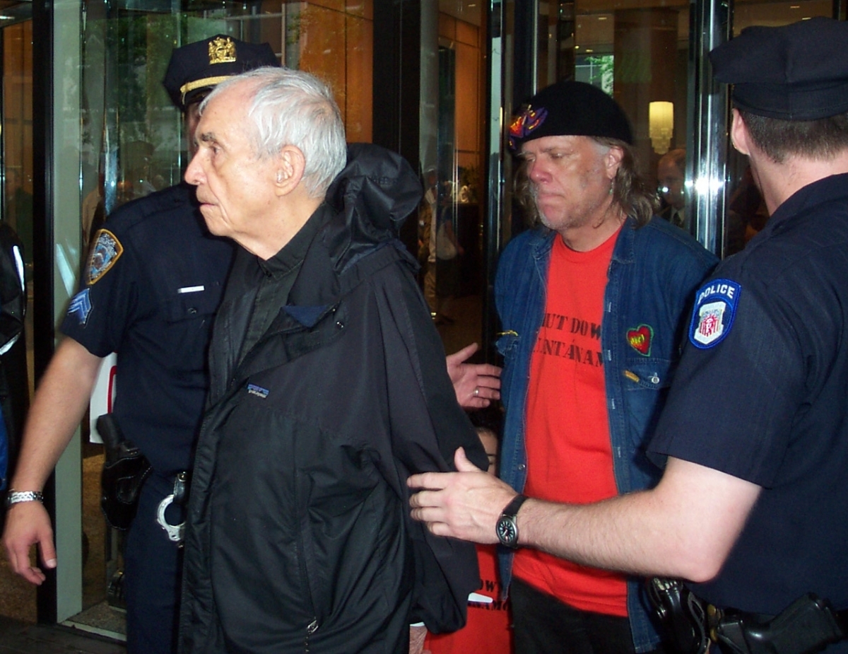 Daniel Berrigan being arrested for civil disobedience outside the U.S. Mission to the U.N. in 2006.