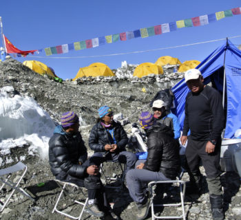 Sherpas sit at the Mount Everest base camp in April 2014. 
REUTERS/Phurba Tenjing Sherpa