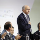 12 Dec 2015, Le Bourget, France --- French Foreign Affairs Minister Laurent Fabius (C), President-designate of COP21, puts his hand over his heart after his speech as he stands near French President Francois Hollande (2ndL) and United Nations Secretary-General Ban Ki-moon (R) at the World Climate Change Conference 2015 (COP21) at Le Bourget, near Paris, France, December 12, 2015. REUTERS/Stephane Mahe --- Image by © STEPHANE MAHE/Reuters/Corbis
