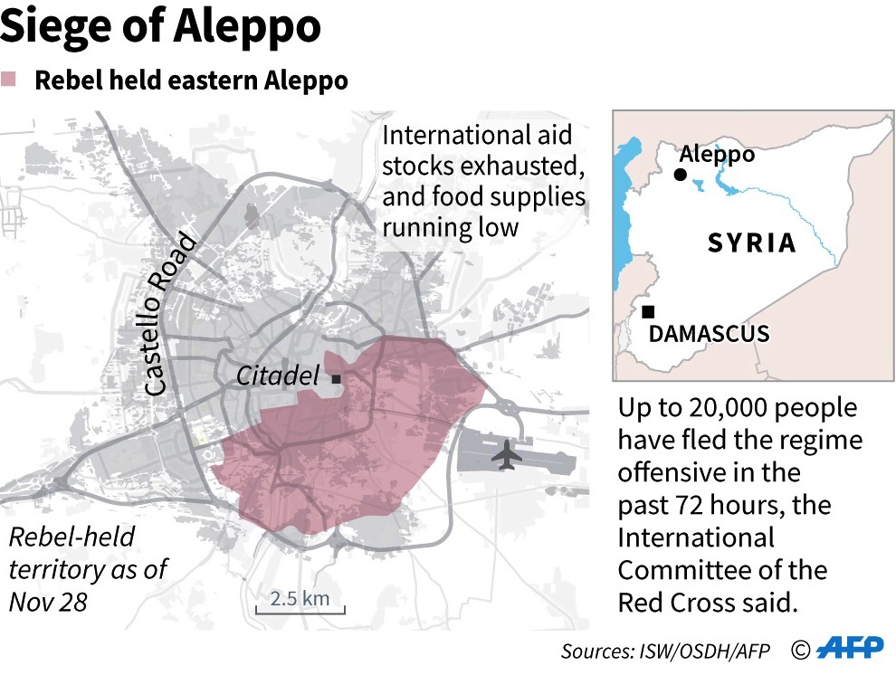 Map showing the remaining siege area of rebel-held Aleppo. (ISW/OSDH/AFP) 