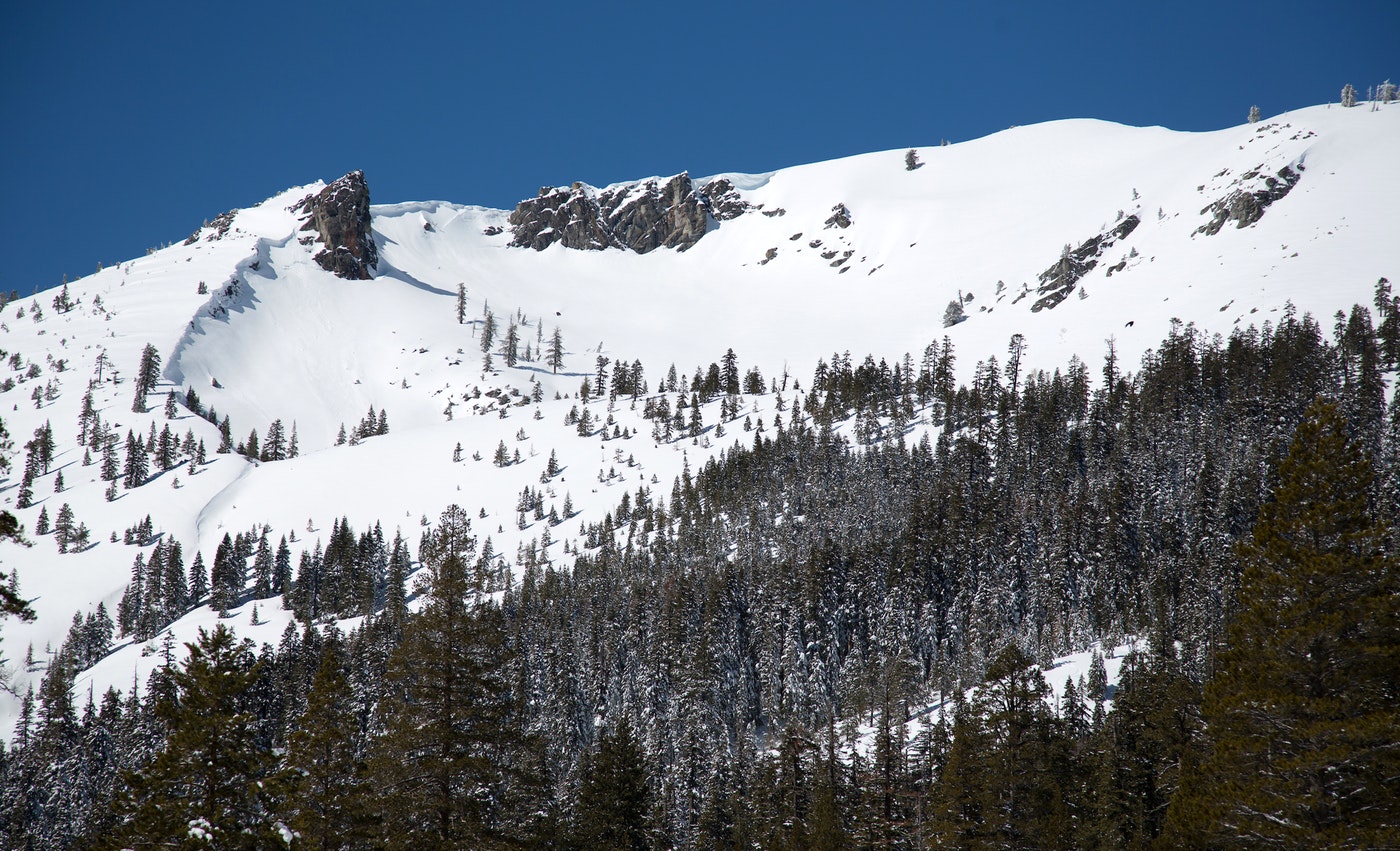 A snow-covered Sierra Nevada mountain peak to the northwest from the Phillips Station meadow where the California Department of Water Resources conducted its third snow survey of the winter 2017 season on March 1, 2017. After five years of drought, the statewide snowpack was 185 percent of average. (Dale Kolke / California Department of Water Resources)