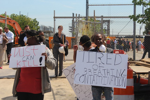 April 25, 2016, protest of soccer stadium groundbreaking residents from Syphax Gardens, Q St. Corridor and Greenleaf. (Photo: Kari Fulton)
