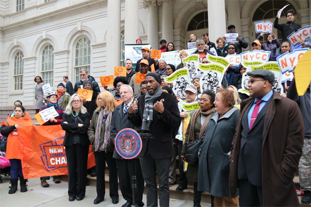Jumaane Williams, chair of the City Council’s housing committee, criticized 421-a enforcement lapses at a rally on Dec. 1, 2016. (Cezary Podkul/ProPublica)