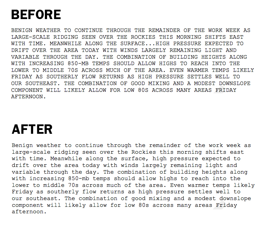 Samples of both ALL CAPS and mixed case area forecasts from the weather service. Source: NOAA