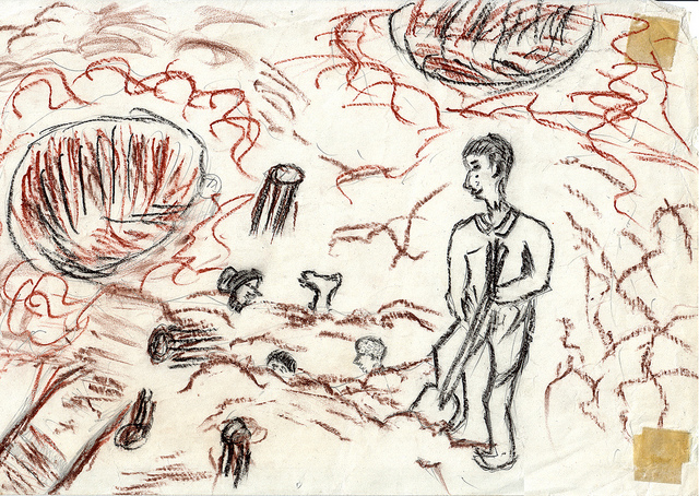 Illustration from Bombing Survivor 1971  "In the earlier times of my village we had good fortune and there was nothing to cause us fear or danger in the lives of the Laotian rice farmer. In our region like in other regions the same. But in 1965, the airplanes began to come drop bombs on the people of Xieng Khouang until it caused deaths and injuries to the people. As in this picture, there were people who died in the holes. There were many people who couldn't get out. All that could be seen were heads, legs, and hands only. Then there was a man who went to dig them out because his child and wife were buried inside."