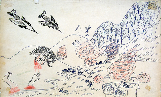Illustration from Bombing Survivor 1971  Historic drawings of the Vietnam War era secret U.S. bombings in Laos, recovered in 2004 and now featured in the Legacies of War National Traveling Exhibition.