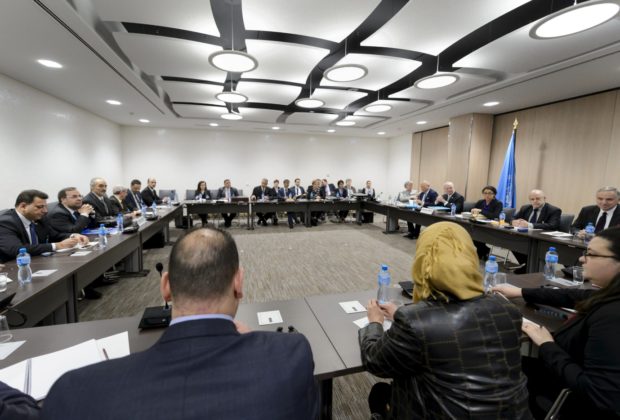 A general view at the opening of Syria peace talks with the Syrian government delegation and U.N. Syria mediator Staffan de Mistura at the United Nations in Geneva, Switzerland, April 15, 2016. REUTERS/Fabrice Coffrini/Pool